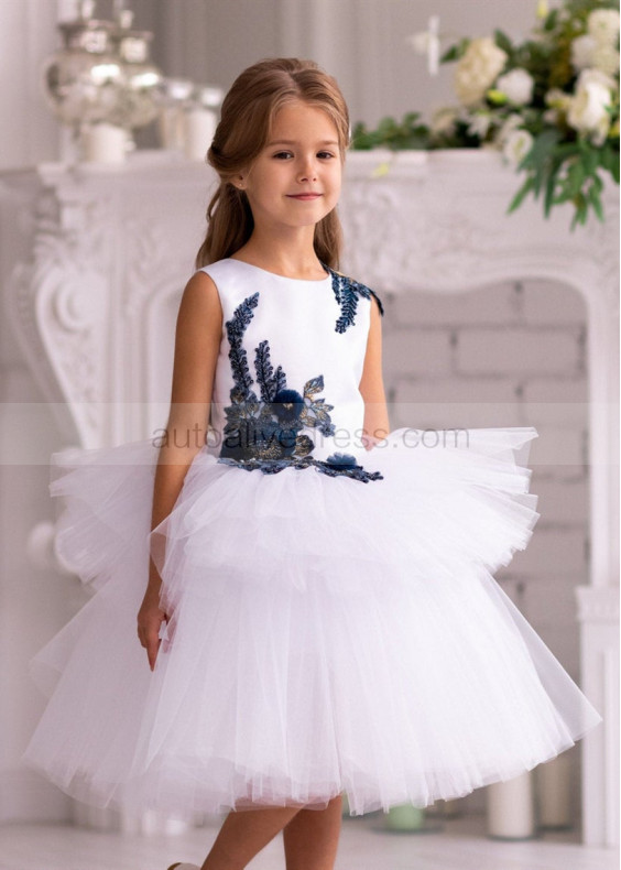 Beaded Navy Blue Lace White Tulle Tiered Flower Girl Dress